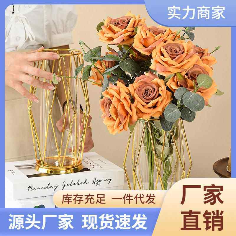 北欧插花装饰摆件铁艺玻璃花瓶高级感客厅简约电镀干花花器ins风