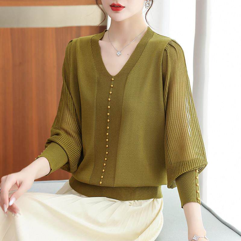 中年妈妈V领冰丝上衣女加肥加大码洋气针织衫春夏装薄款长袖T恤衫