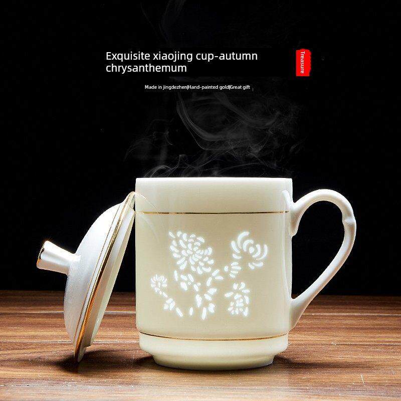 景德镇陶瓷茶杯办公杯家用带盖水杯会议杯手工玲珑杯子梅兰竹菊