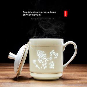 景德镇陶瓷茶杯办公杯家用带盖水杯会议杯手工玲珑杯子梅兰竹菊