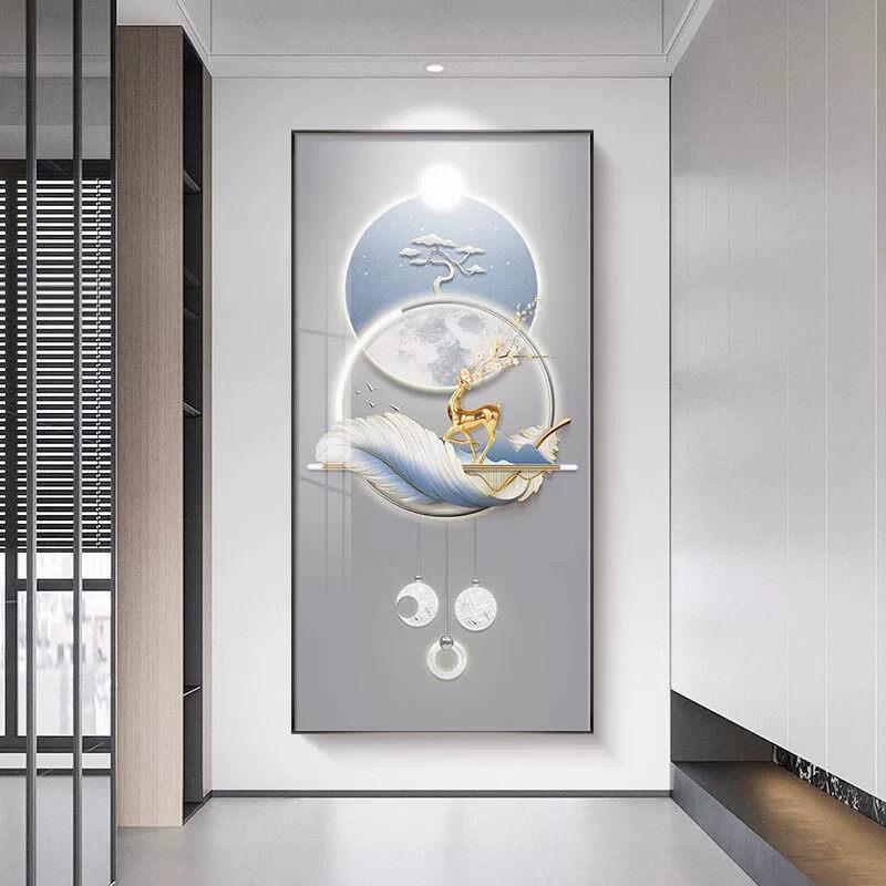 轻奢入户玄关装饰画大气麋鹿走廊过道挂画现代简约竖版高档玄关画