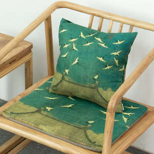 瑞鹤图中式坐垫禅意中国风棉麻红木家具椅子垫子防滑椅垫四季座垫