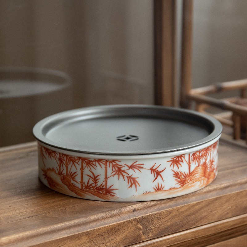 景德镇带盖壶承仿古釉干泡茶台矾红手绘储水养壶托盘功夫茶道配件