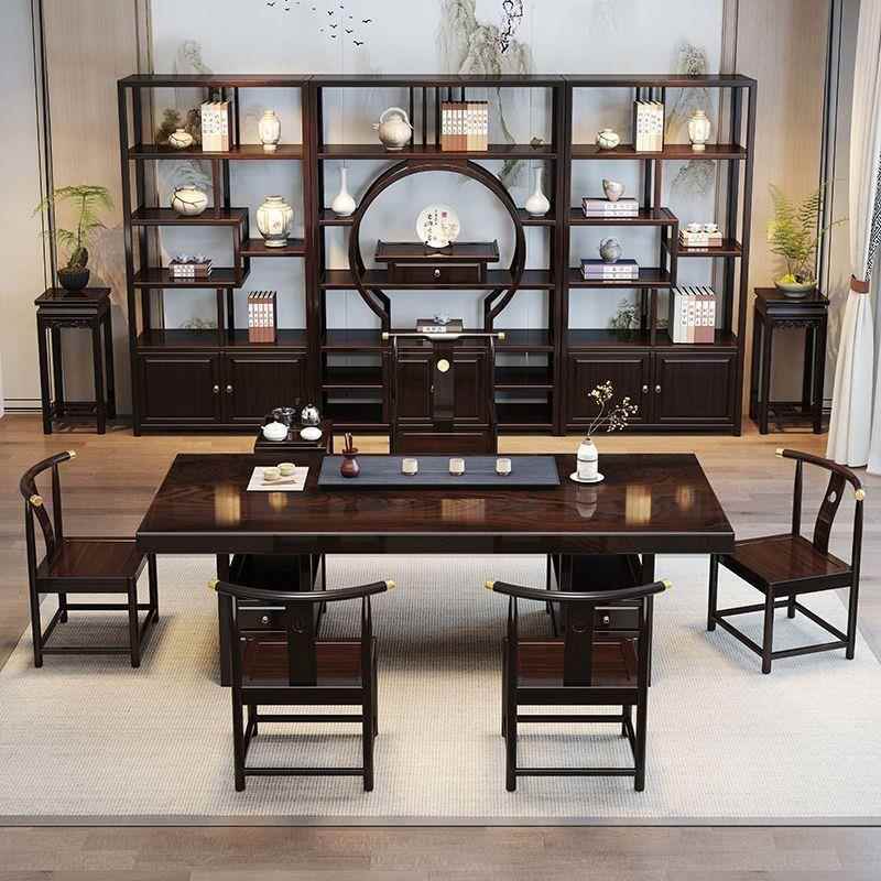 新中式黑檀色实木茶桌大板紫檀木茶桌办公家用两用茶桌一体一整套