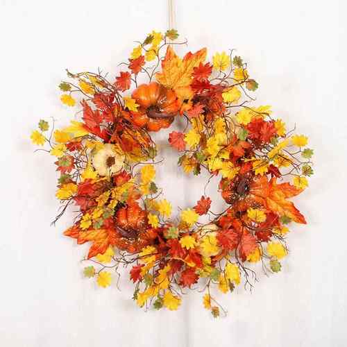 感恩节枫叶白南瓜装饰藤圈花圈新款仿真四叉叶南瓜秋色节日挂件