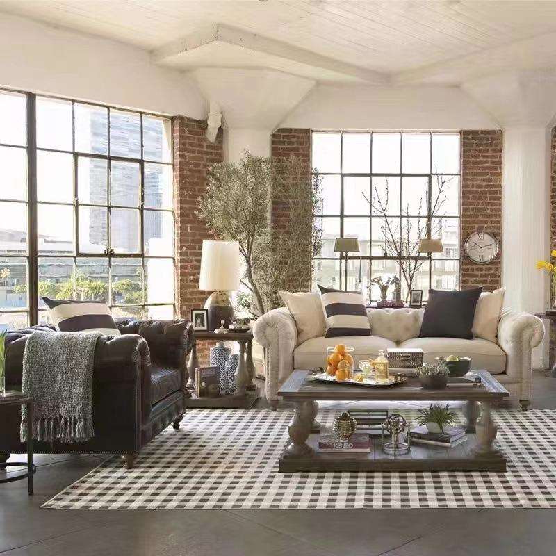 美式乡村沙发布艺拉扣亚麻沙发组合法式复古可拆洗客厅小户型沙发