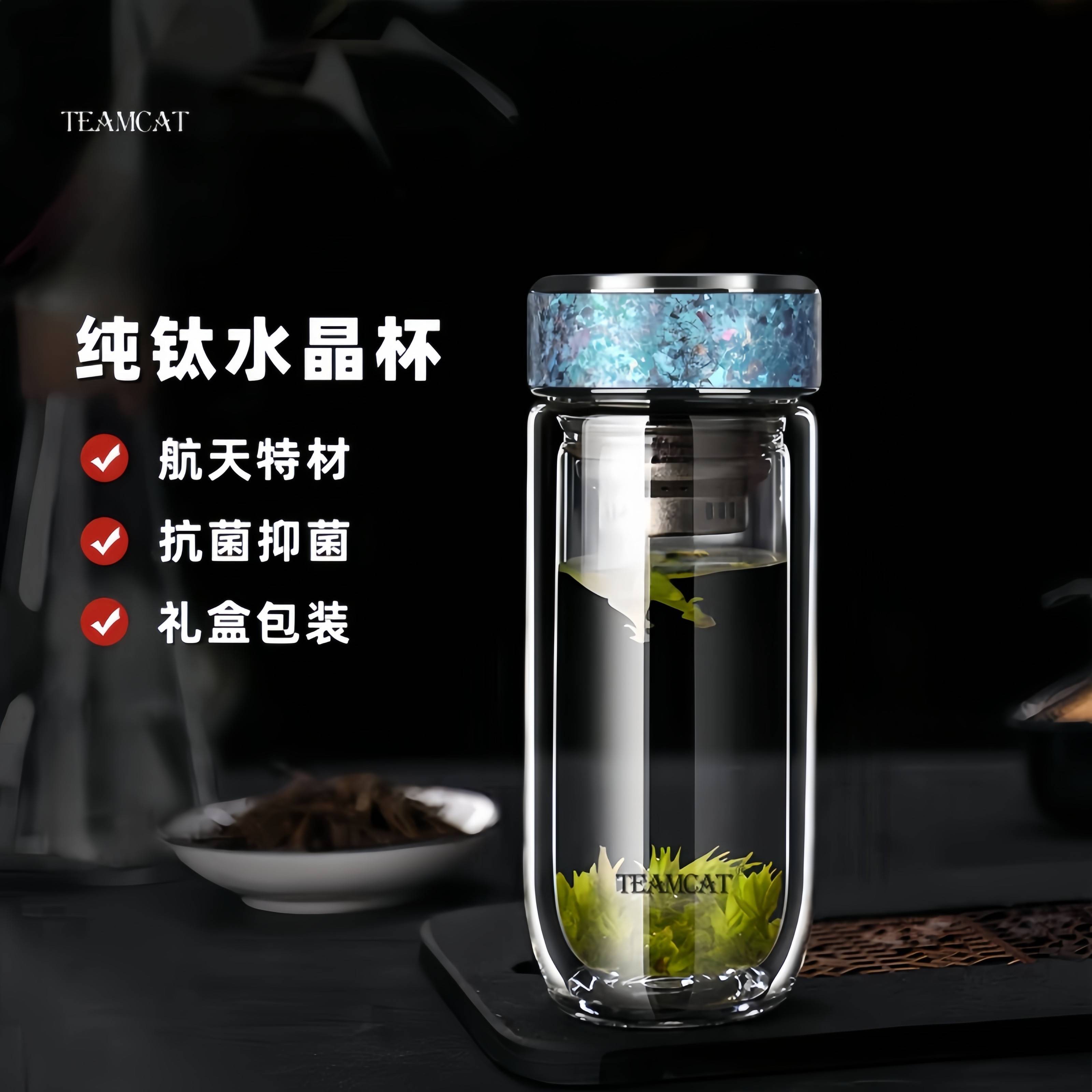 TEAMCAT纯钛抗菌高档玻璃杯男士双层防烫水杯女可携式车载茶杯定