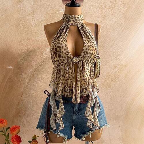 Leopard Print Scarf Backless Bow Tie Strap Flowy Hem,