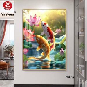 荷花锦鲤装饰画鱼跃龙门好运鲤鱼饭厅餐厅挂画玄关走廊尽头墙壁画