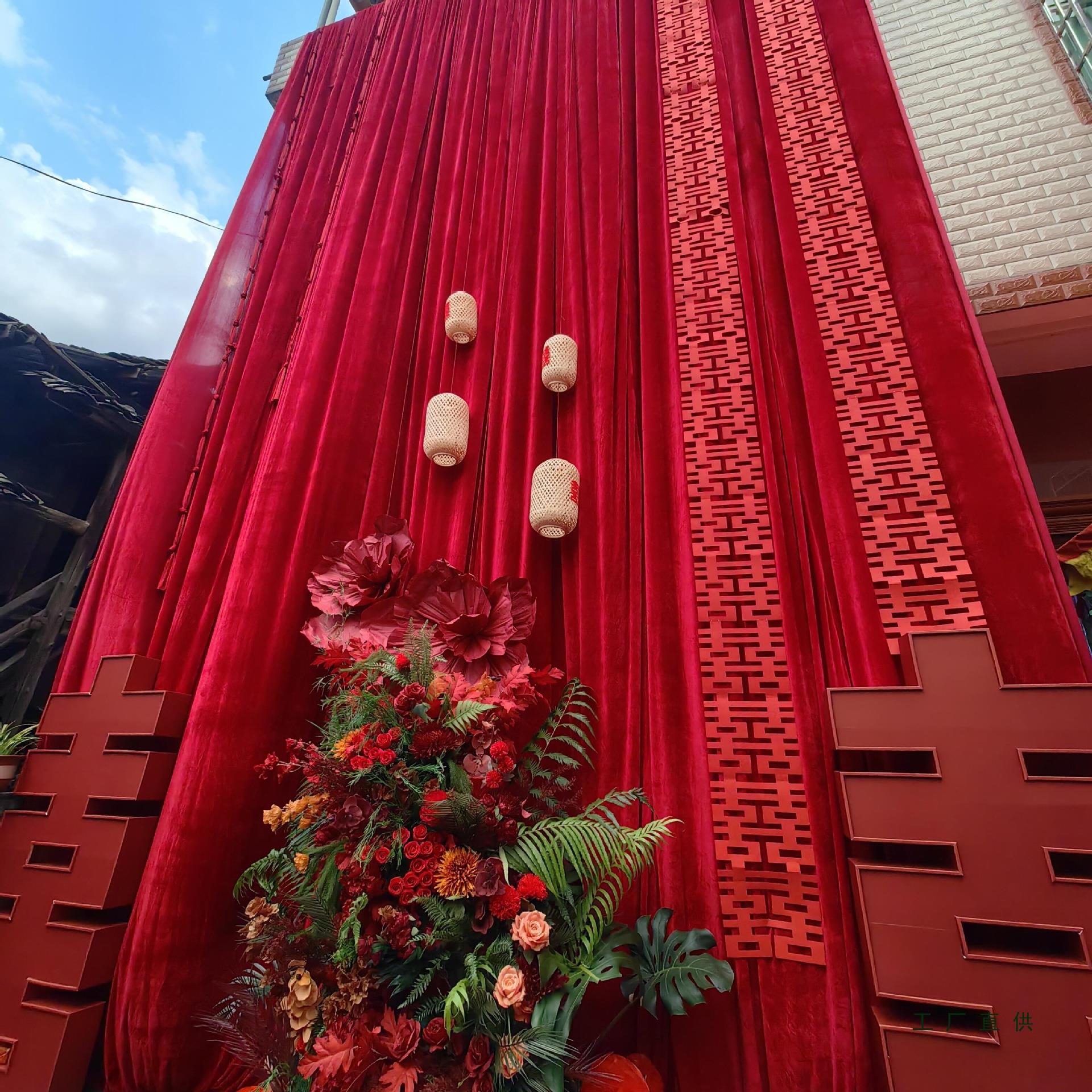 婚庆背景布幔挑高酒红色金丝绒加密农村婚礼结婚院子布置舞台装饰