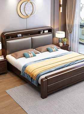 新人中式紫金檀木1.8米双床软靠木1.5米物储床现代TVD简约卧室实