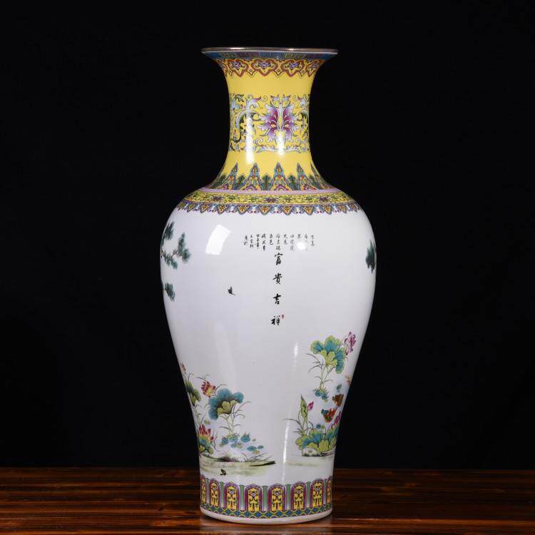 仿古中式描金粉彩牡丹百鸟朝凤鱼尾瓶落地大花瓶玄关家饰客厅摆件