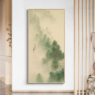 潇湘八景新中式入户玄关装饰画山水风景画中餐厅挂画竖款茶室壁画