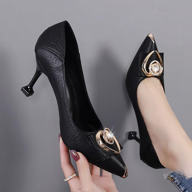 【港风名品】小香风尖头高跟鞋女春秋季新款细跟真皮中跟浅口单鞋