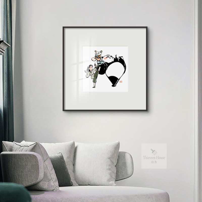 功夫熊猫黑白线条装饰画现代客厅餐厅背景墙挂画卧室床头玄关壁画