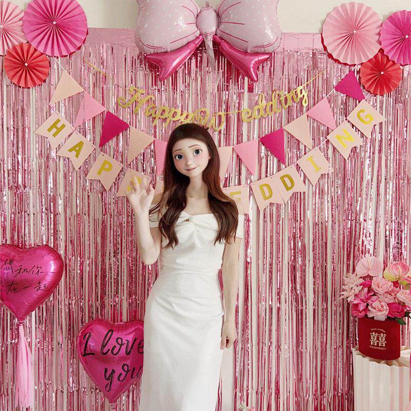 婚房布置浪漫婚礼氛围感公主晨袍拍摄背景墙结婚卧室喜字拉花装饰