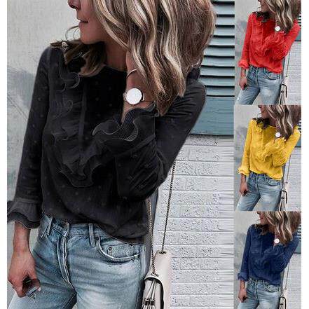 Polka dot lace back long sleeved top color