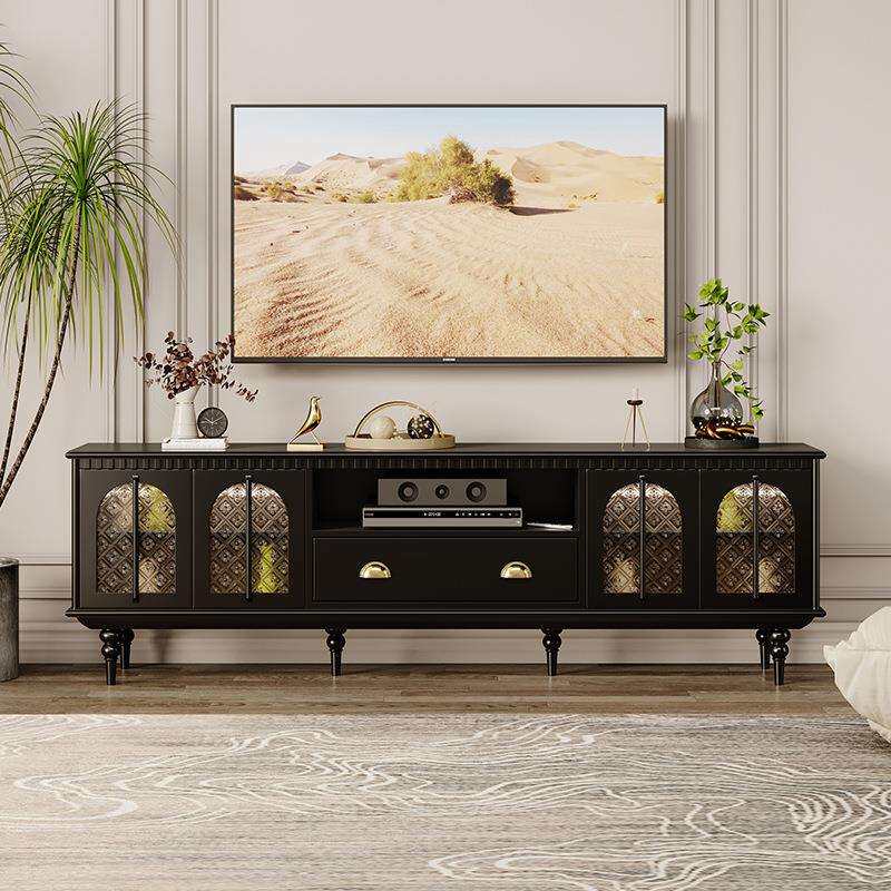 法式复古实木电视柜家用客厅靠墙玻璃带感应灯黑色艺术轻奢视听柜