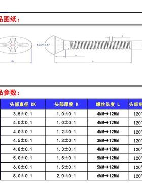 D=4.8KM3x3→3x12小沉头黑色薄头螺丝304不锈钢高盐雾耐腐蚀达克