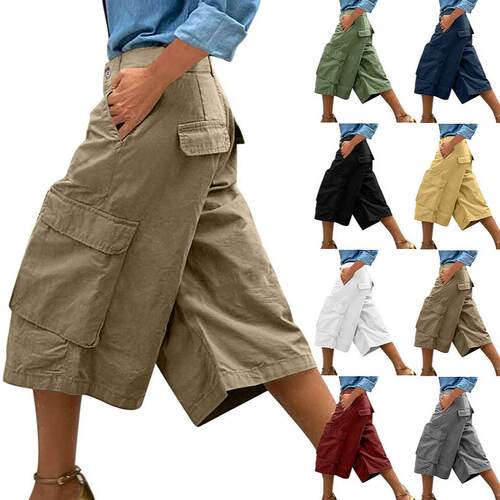 Women's Summer Pure Cotton No Stretch Wide Leg Multi Pockets