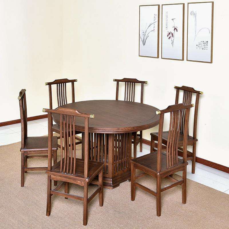 全实木餐桌椅组合餐厅家具圆形桌子老榆木饭桌圆桌实木轻奢风