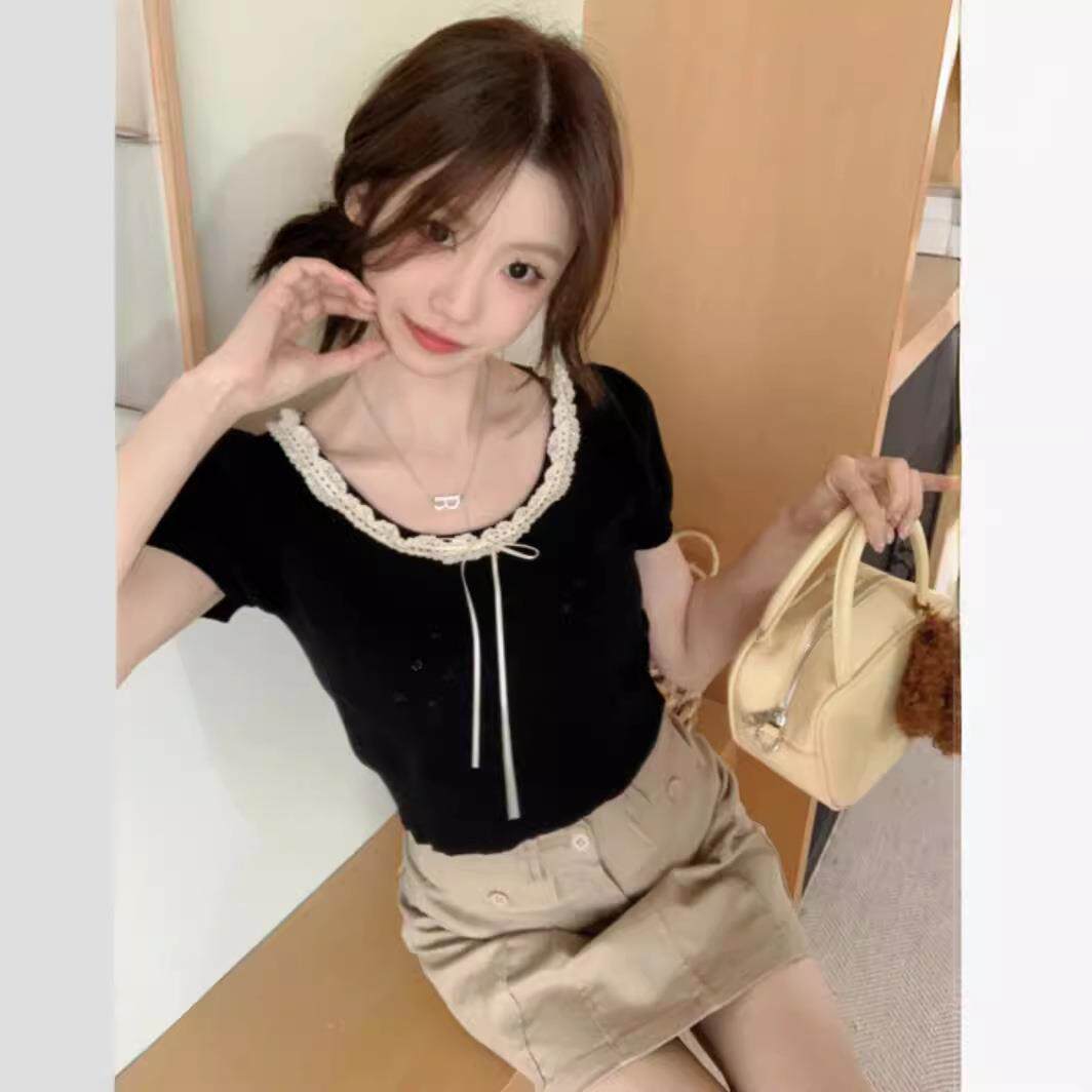夏新款蕾季丝镂空蝴上蝶结针织短袖T恤女装甜美修身学生衣潮