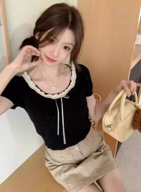 夏季袖款蕾丝镂空蝴蝶结新针织短T恤女装甜美修身学生上衣潮