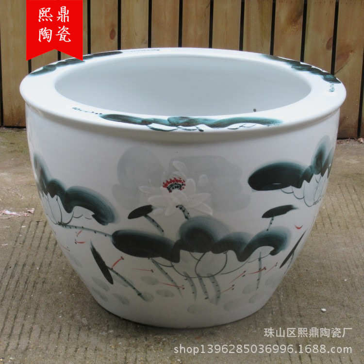 园林家居装饰鱼缸大号 手绘移栽 花盆栽花缸陶瓷陶瓷缸摆件荷花