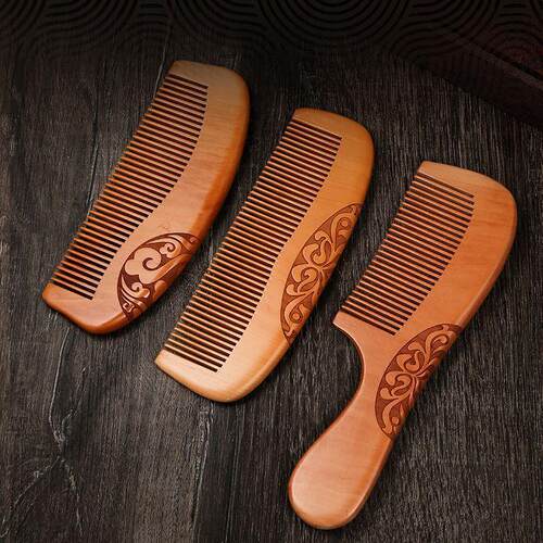 Natural Peach Wood Carved Flower Comb for Women with Long Ha
