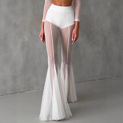 Women's elastic hollow transparent mesh flared pants