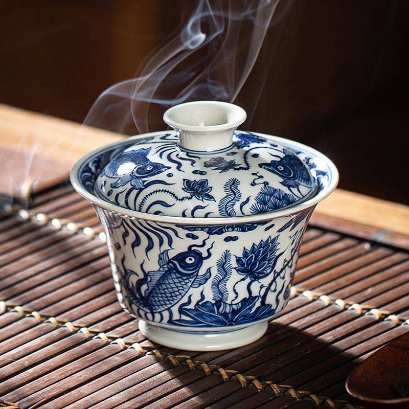 翰林瓷轩手绘明青花鱼藻纹马蹄盖碗茶杯景德镇功夫茶具泡茶碗盖杯