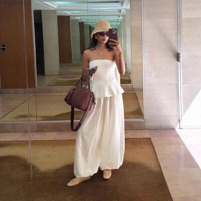 Womens White Wide Leg Pants High Waist Elastic Waist Loose