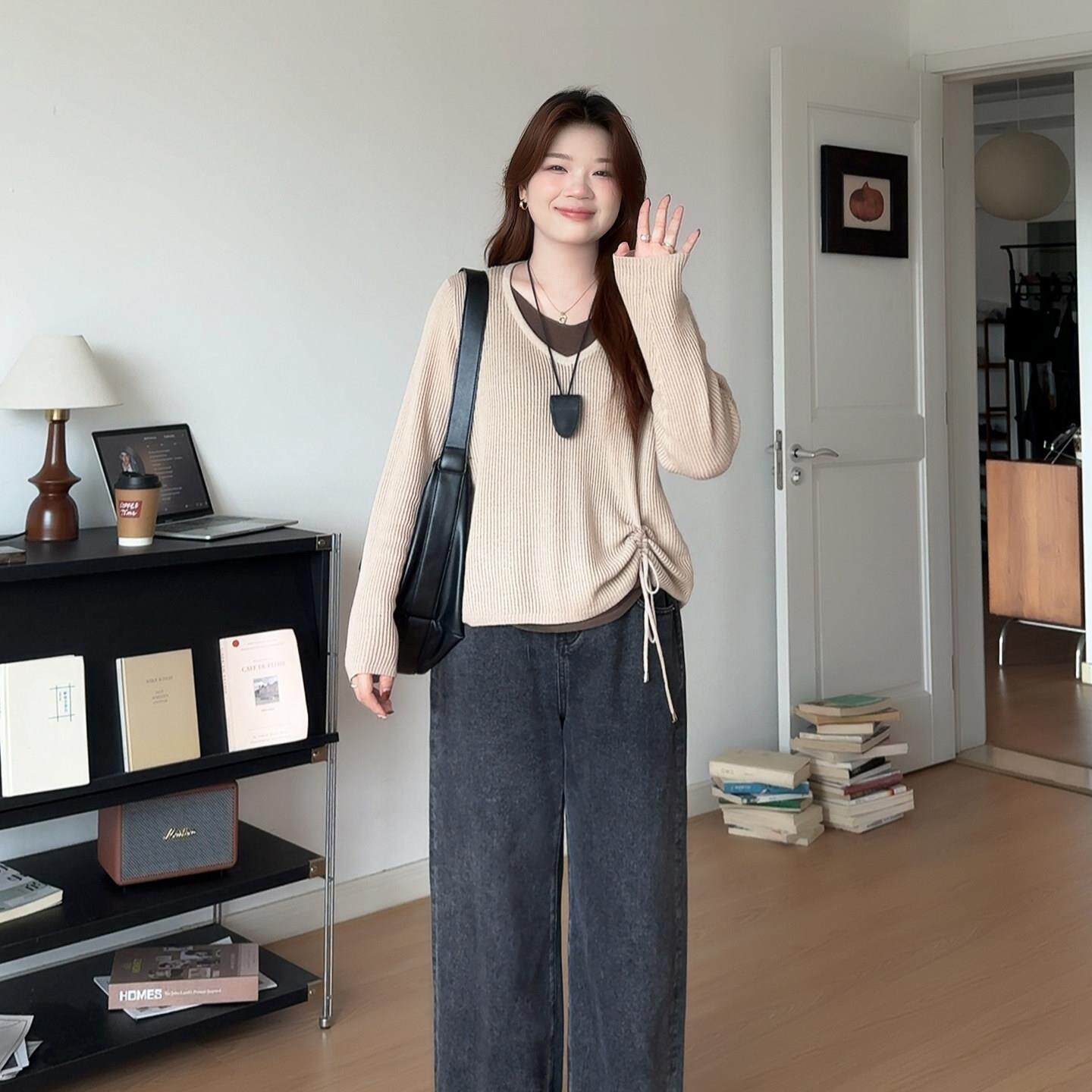 微胖的喵喵大码女装胖mm春装穿搭巨显瘦抽绳打底内搭针织上衣2041