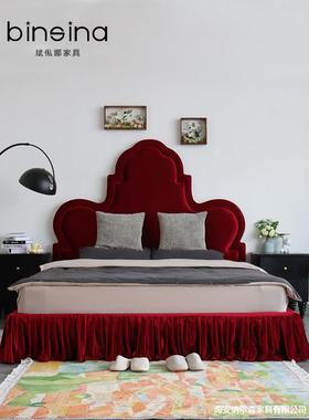 法师复古1.8米网红安娜床布艺软包床复古红色实木床储物高箱婚床