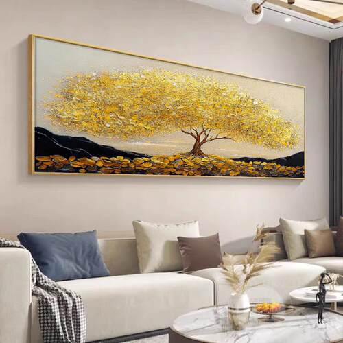 网红张发财树客厅装墙饰画沙背现景壁画简约办公室单大气横版挂画