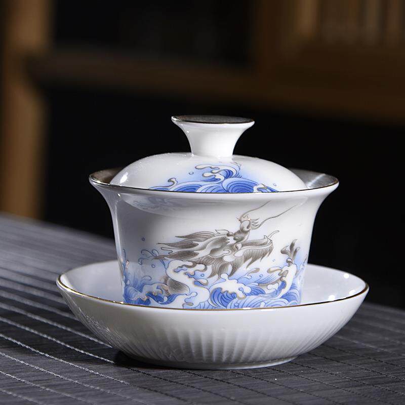 陶瓷鎏银手绘盖碗茶杯鎏银陶瓷功夫三才银盖碗家用大号茶盏泡茶碗