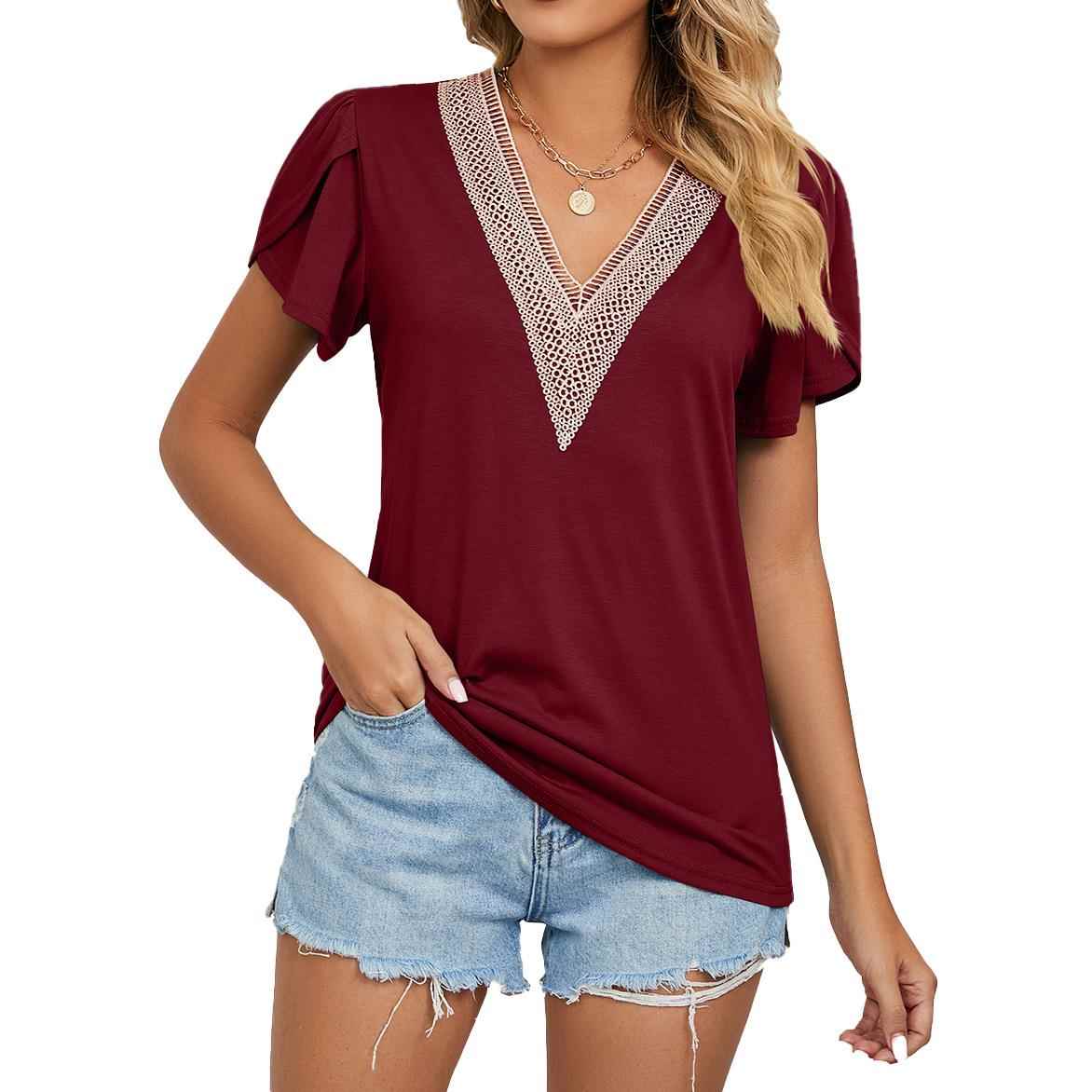 Gold Lace Womens V-neck Tile Short Sleeve Solid Color
