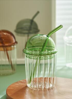 J6DA 水杯大容量杯子玻璃杯家用耐高温带盖吸管杯果汁杯啵啵