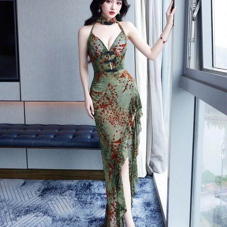 中式国风性感无袖挂脖式花色长裙高腰显瘦晚礼服表演透视连衣裙女
