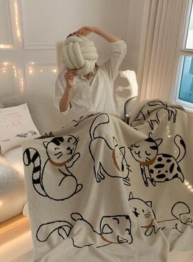 A室类全棉针织提花可爱猫沙发毯子调办公午休空毯休闲LRT纯棉盖咪