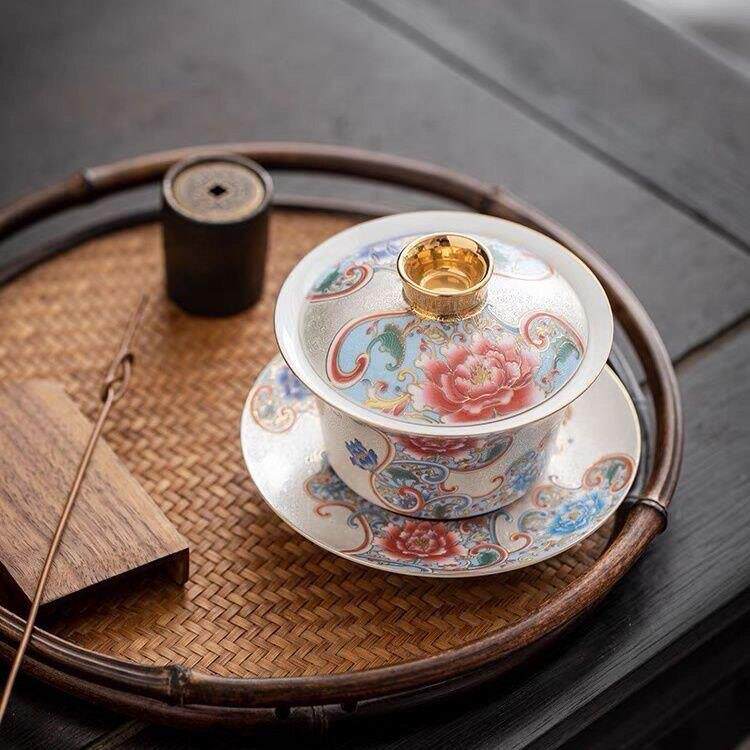 手工雕花银三彩碗茶杯家用陶瓷功夫茶具套装金珐琅彩碗礼盒
