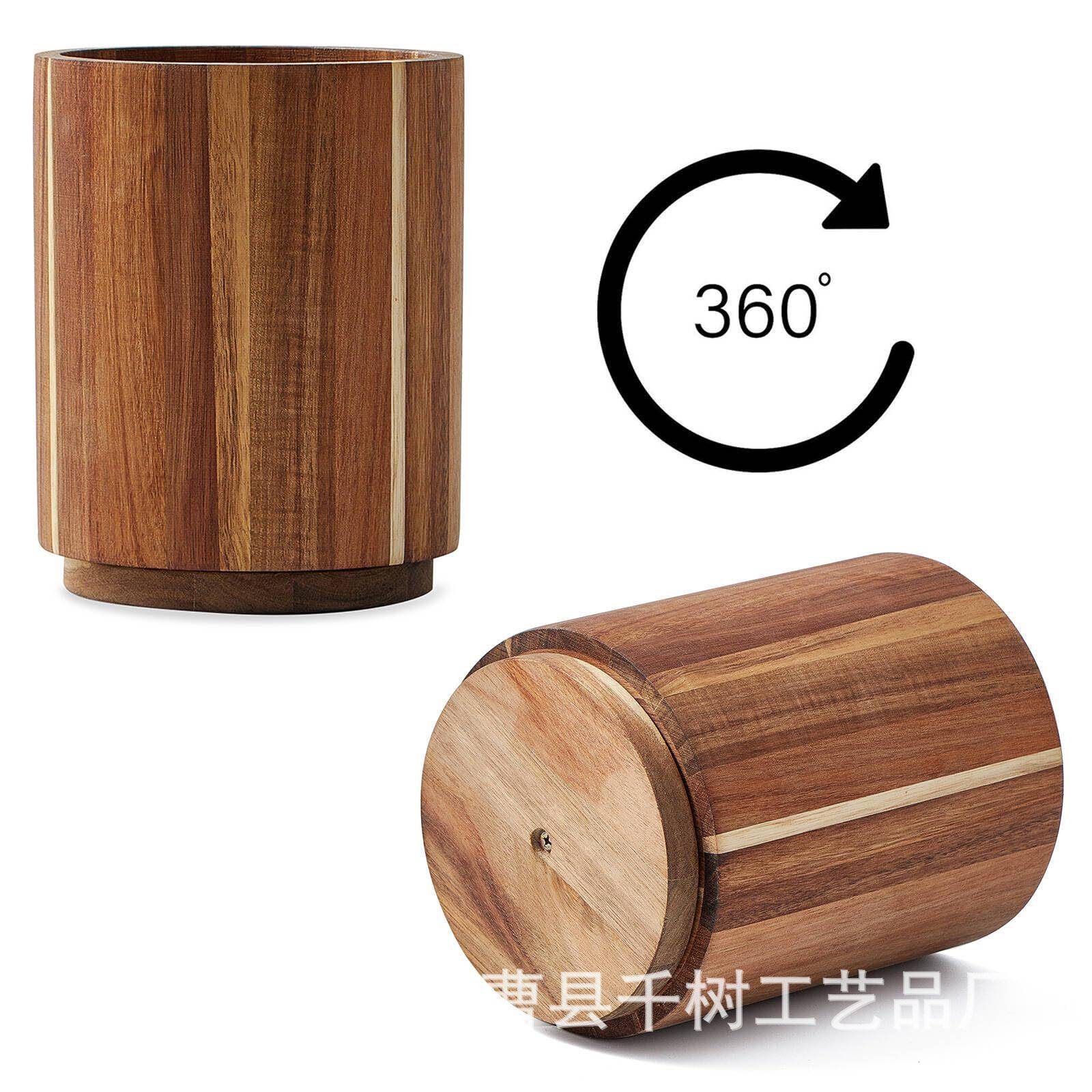 现货合欢木木制餐具收纳盒可旋转餐具存储和圆形桌面实木厨具盒