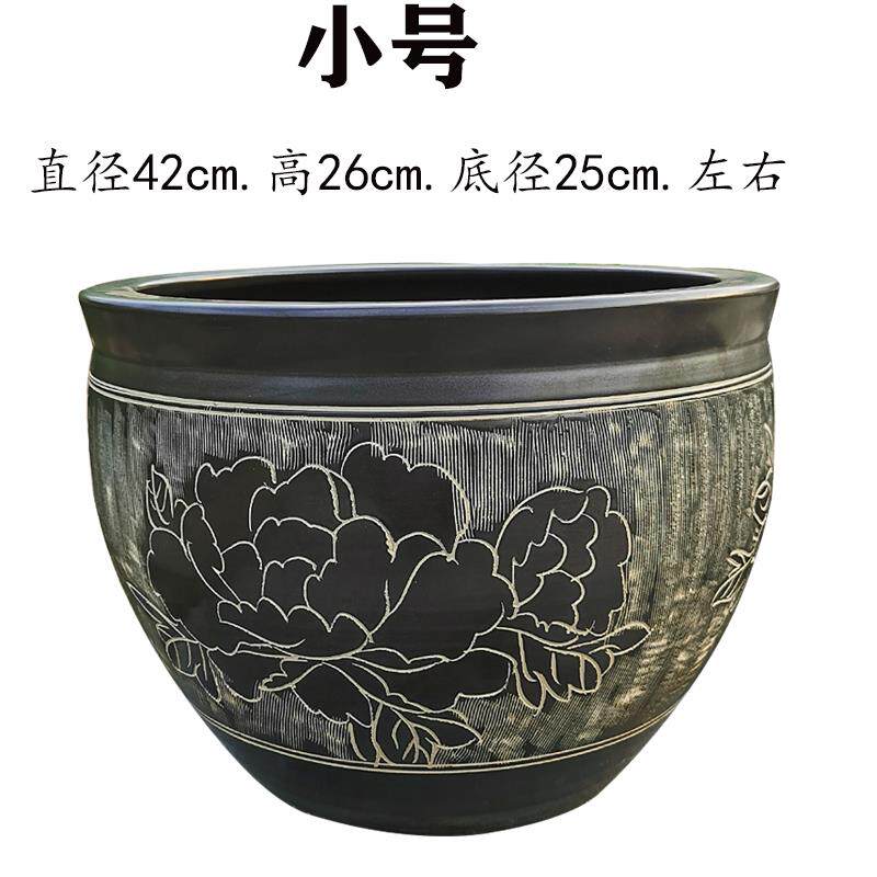 高档中国景德镇陶瓷刻牡丹大型金鱼缸睡莲花花落地式雕园放置水莲