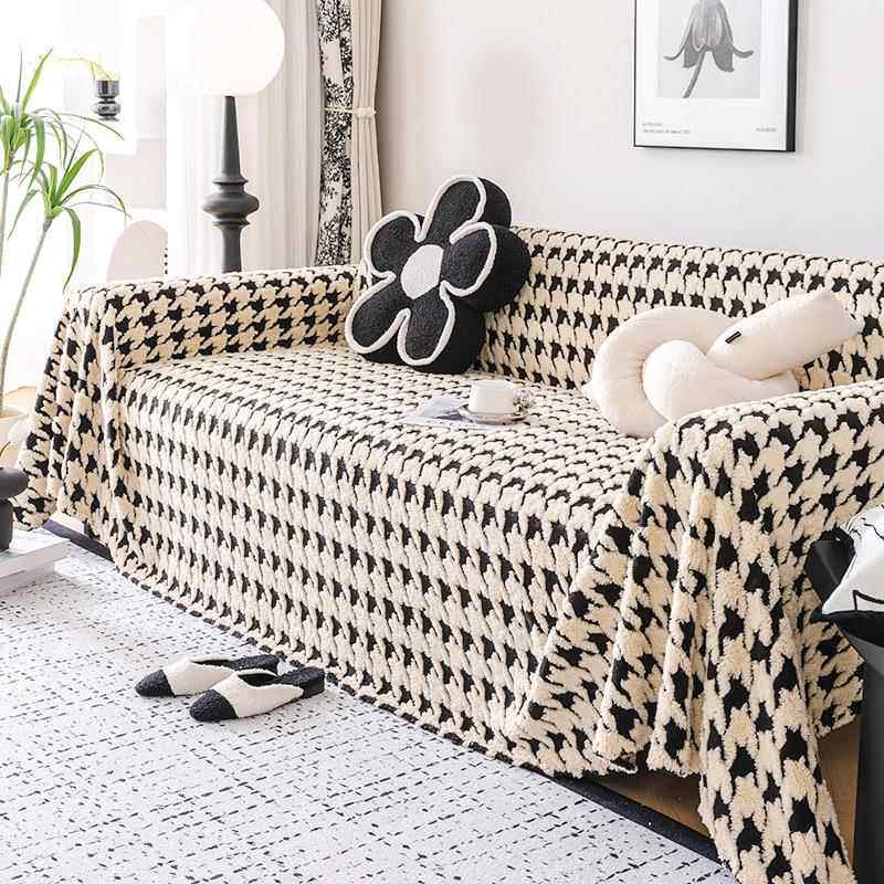 新款直销黑色轻奢高级感冬季千鸟格毛绒沙发盖布沙发巾沙发坐垫套
