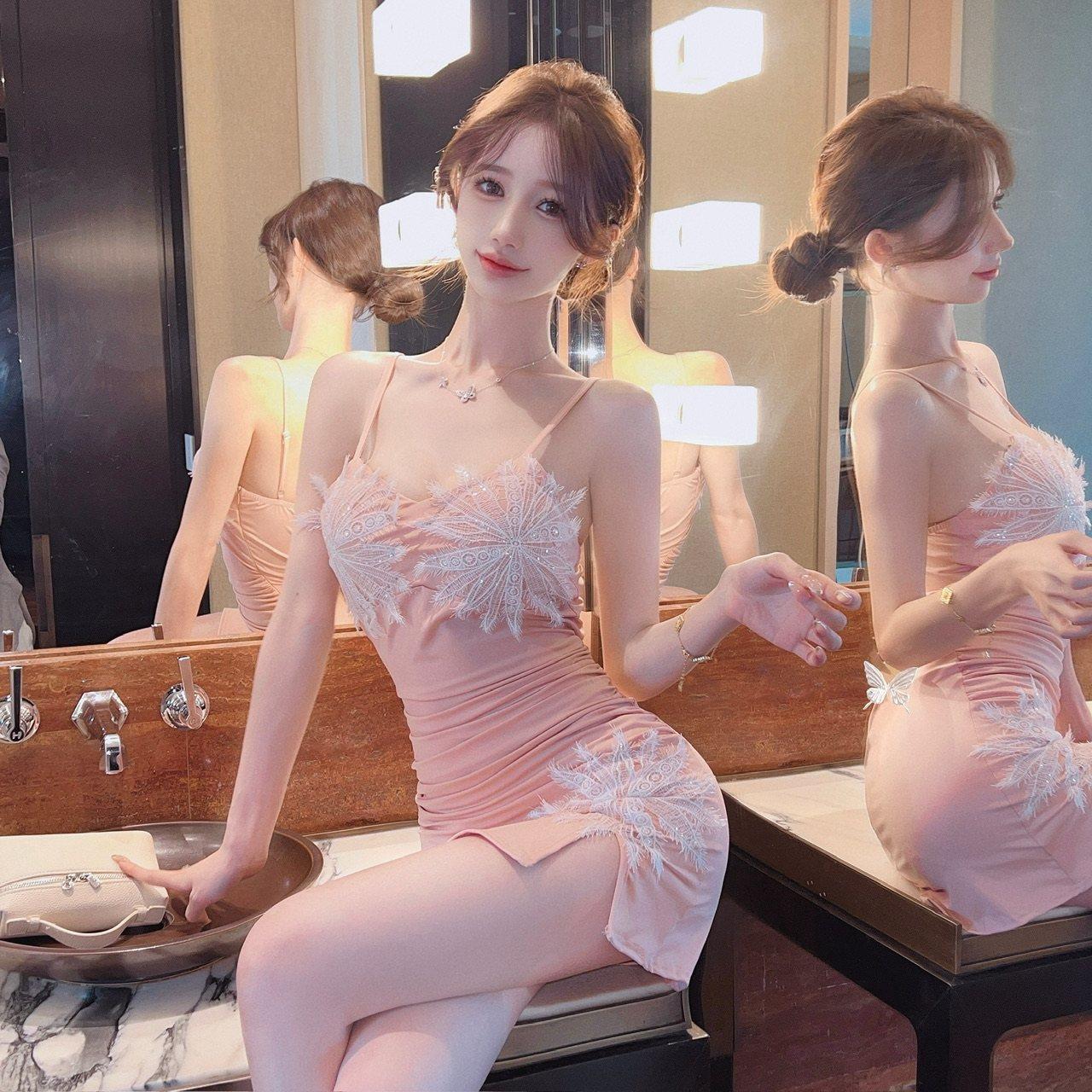 夜总店连衣裙夜场性感女装低胸蕾丝拼接遮肚子显瘦修身包臀吊带裙