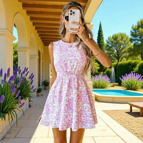 Women's Summer Round Neck Fitted Leaf Print Dress Bohemian