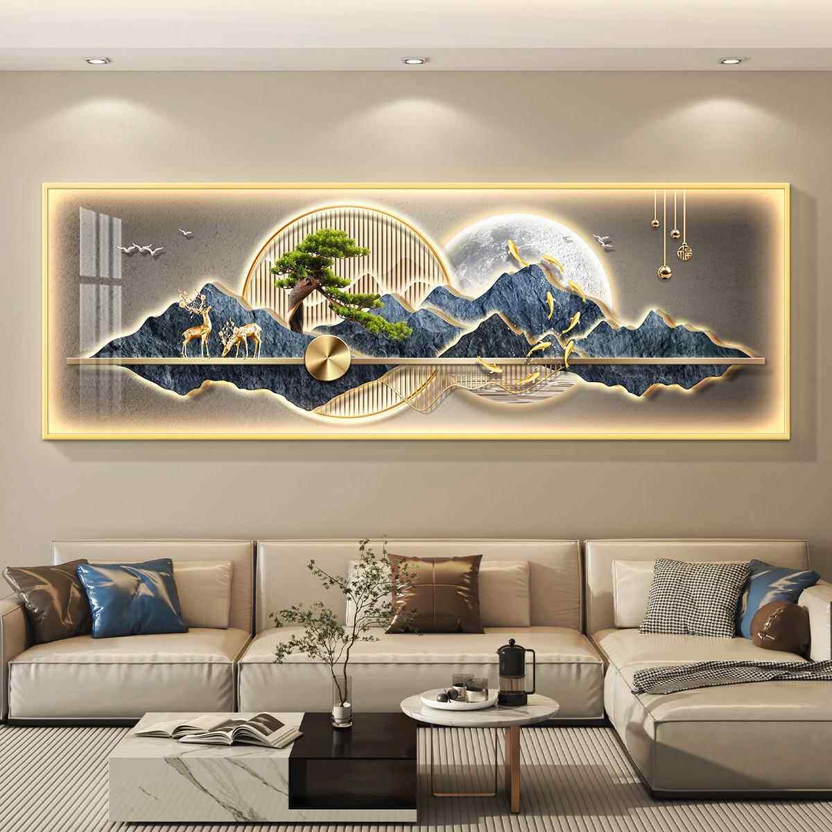 美克美家官方旗舰店迎客松led带灯轻奢客厅装饰画沙发背景墙挂画