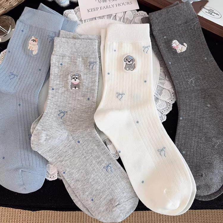 新款小狗刺绣袜子女中筒袜ins潮棉袜春秋可爱卡通夏薄款女生长袜