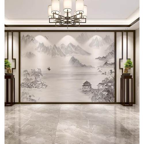 新中式意境水墨山水画竹木纤维集成墙板电视背景墙客厅沙发护墙板