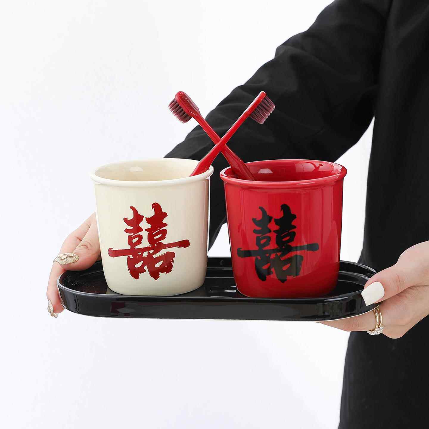 结婚陶瓷洗漱杯牙刷一对红色漱口杯情侣刷牙杯子新人陪嫁用品大全